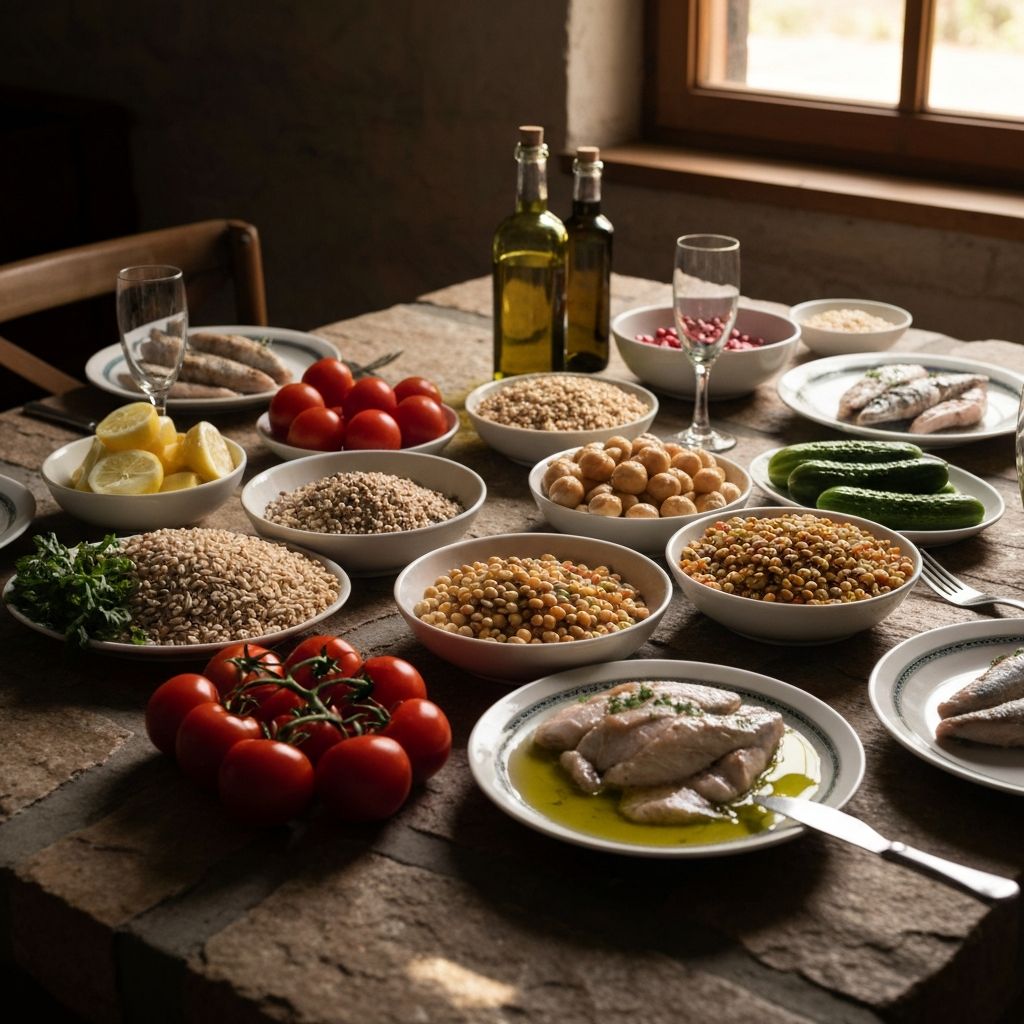 Traditional Mediterranean dining with fresh vegetables and whole grains